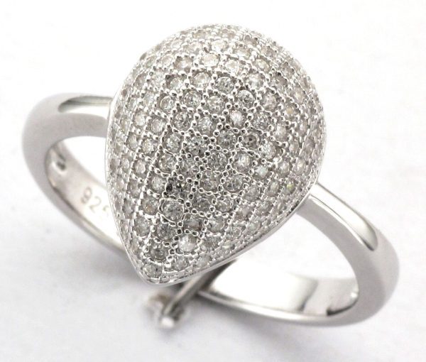 Silver Cubic Zirconia Pave Set Domed Tear Shape Ring