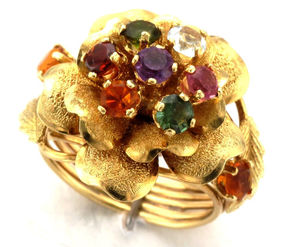 18ct Gold 9 Stone Multi Colour Gem Flower Cluster Ring Attenborough