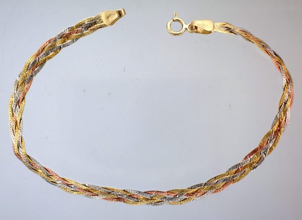 9ct Multi Colour Gold 7.25" Plaitted Herringbone Bracelet