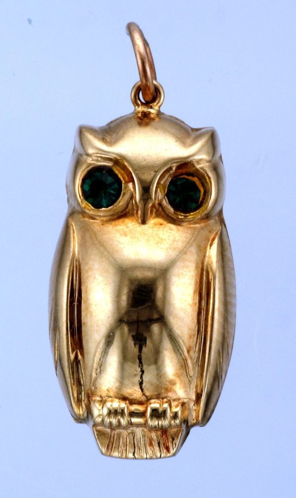 Vintage - 9ct Gold Hollow 2-Stone Green Gem Eyes Owl Charm