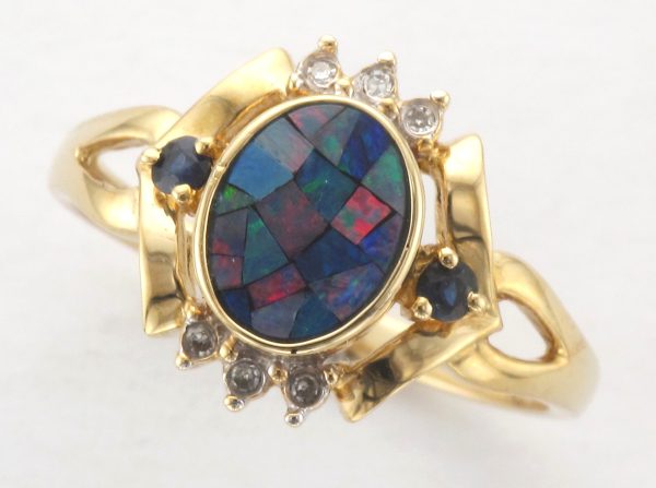 9ct Gold Opal Doublet, Diamond & Sapphire Oval Cluster Ring