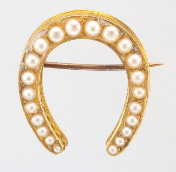 Antique Circa 1900 - Yellow Metal Seed Pearl Horseshoe Brooch