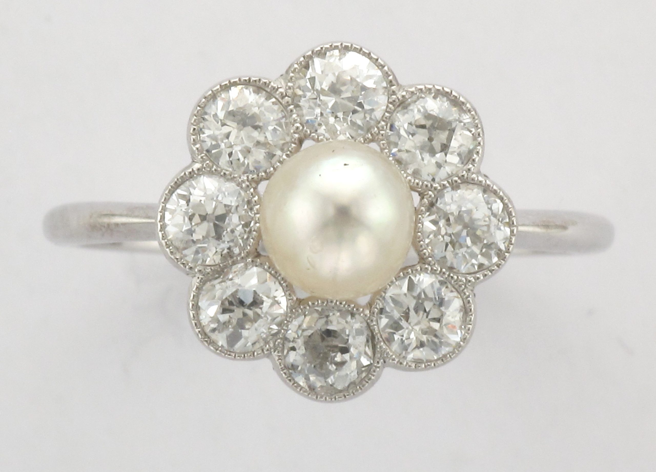 Antique Circa 1910 - Platinum Pearl & Diamond Round Cluster Ring - Image 2