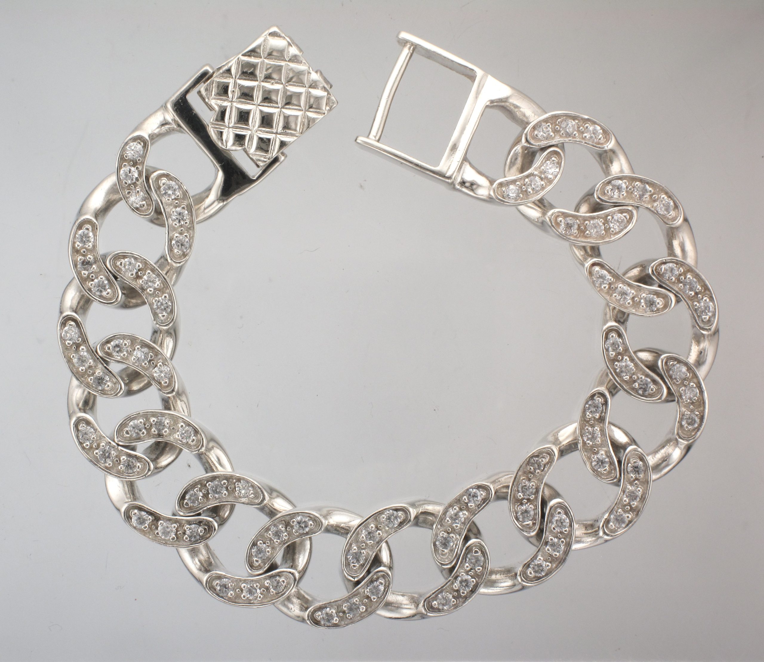 Silver 8"Cubic Zirconia Set Curb Link Bracelet