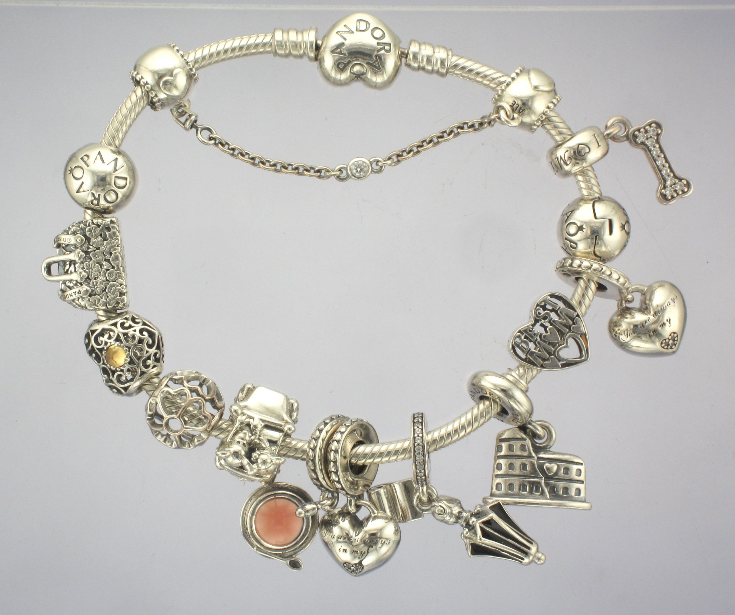 Pandora - Silver Snake Bracelet With 11x Charms & 2x Spacers